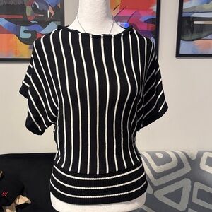 Nue Options Black and White Striped Short Sleeve Top